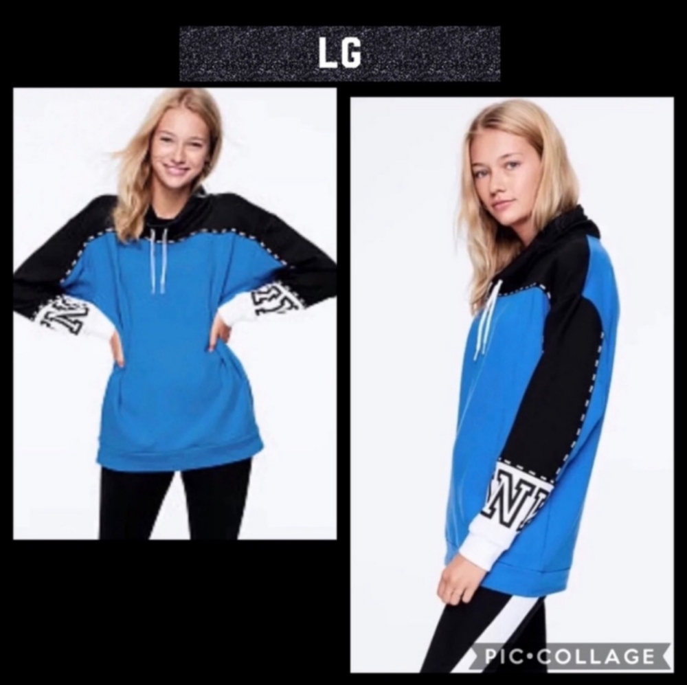 PINK VS Cowlneck Sweatshirt Color block Royal Blue, Black & White w/Pink Ticking